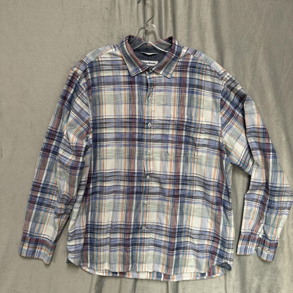 Tommy Bahama Shirt Mens Large Long Sleeve Plaid Blue Orange Tencel Button Up